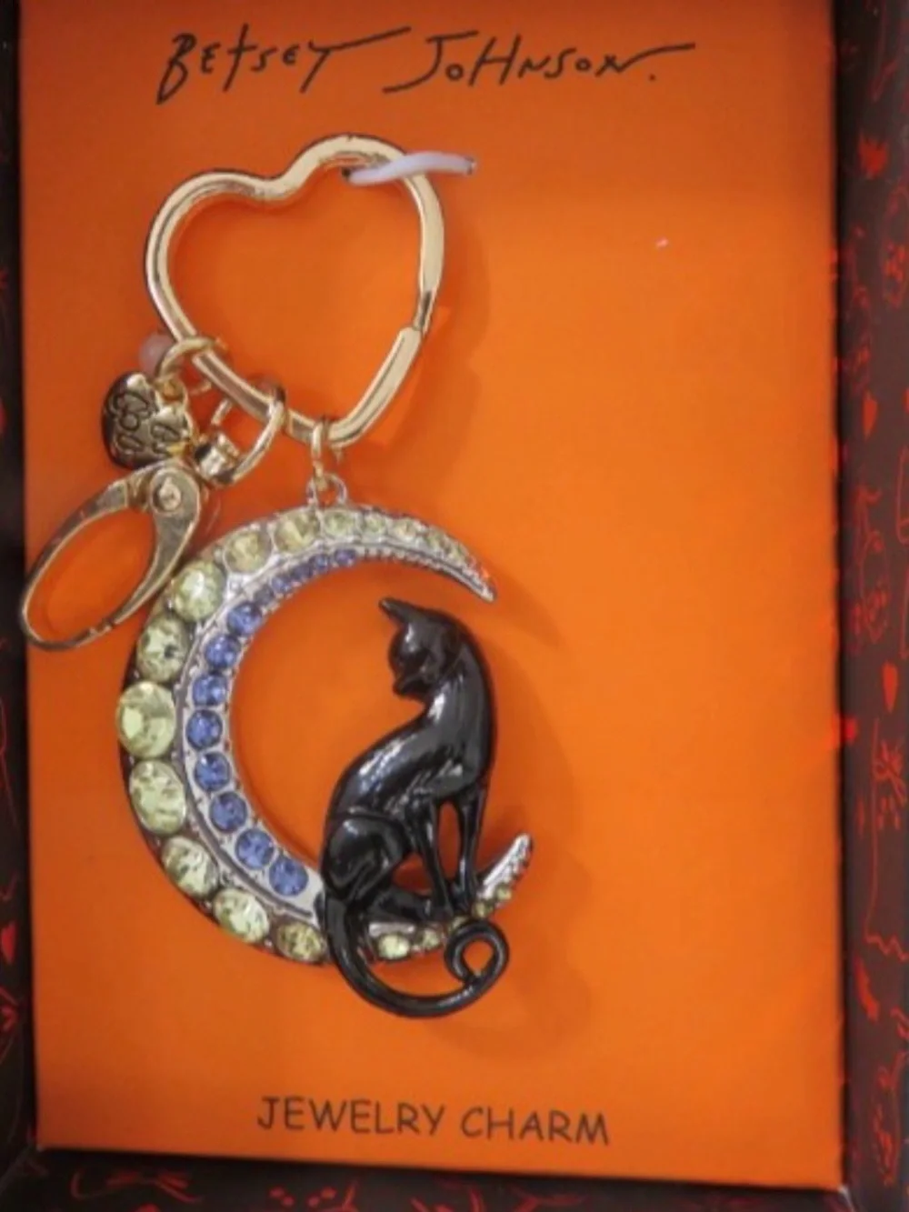 BETSEY JOHNSON Halloween Black Cat & Crystal-Studded Moon Bag Charm Keychain NWT
